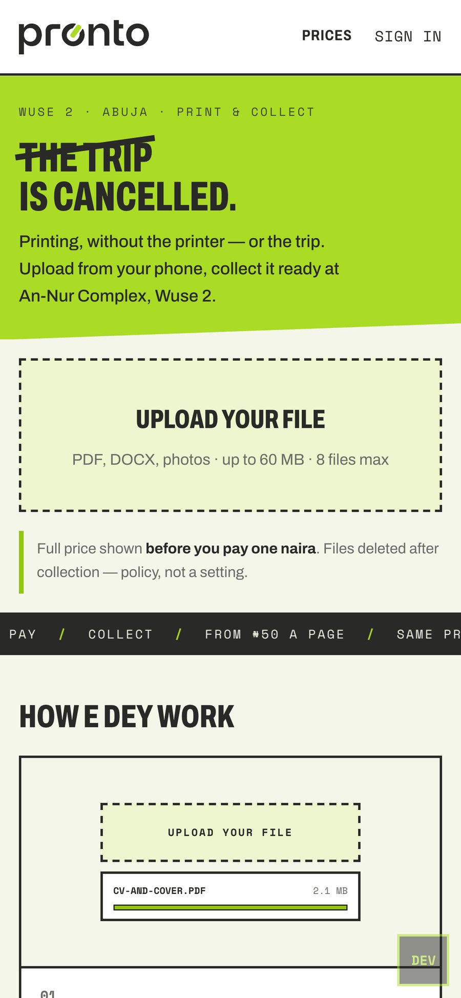 Pronto website — mobile